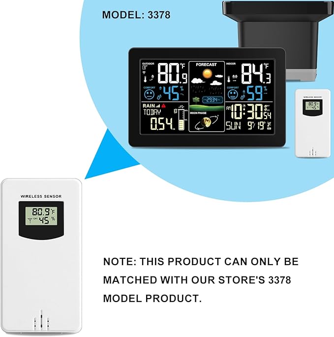 Digital Indoor Outdoor Wireless Remote Sensor, Temperature and Humidity Meters, Sutible for Weather Station with Rain Gauge (3378R)