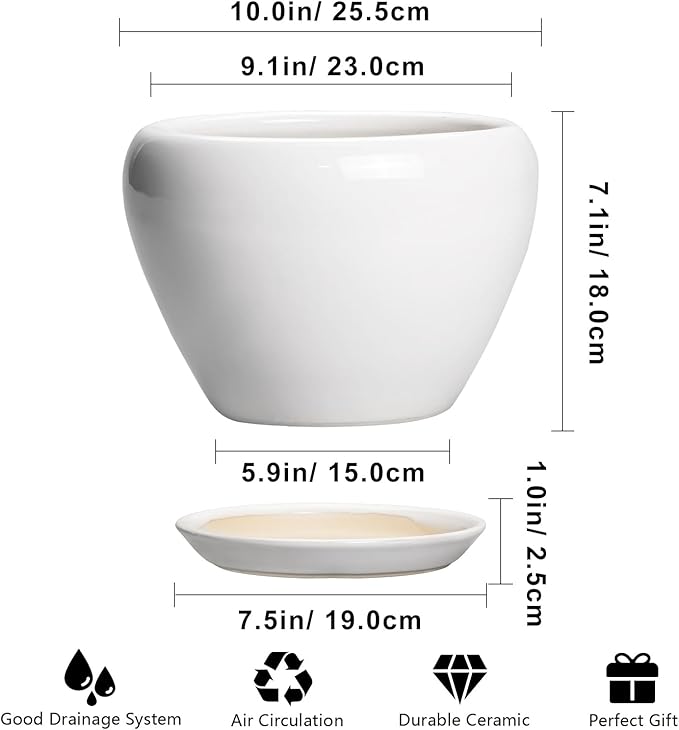 Ceramicfor Ceramic Pot for Plants - 10 Inch Planter with Drainage Hole and Saucer, Glaze Modern Round Flower Pot for Indoor Plants, Housewarming Gift, Home Decor, White