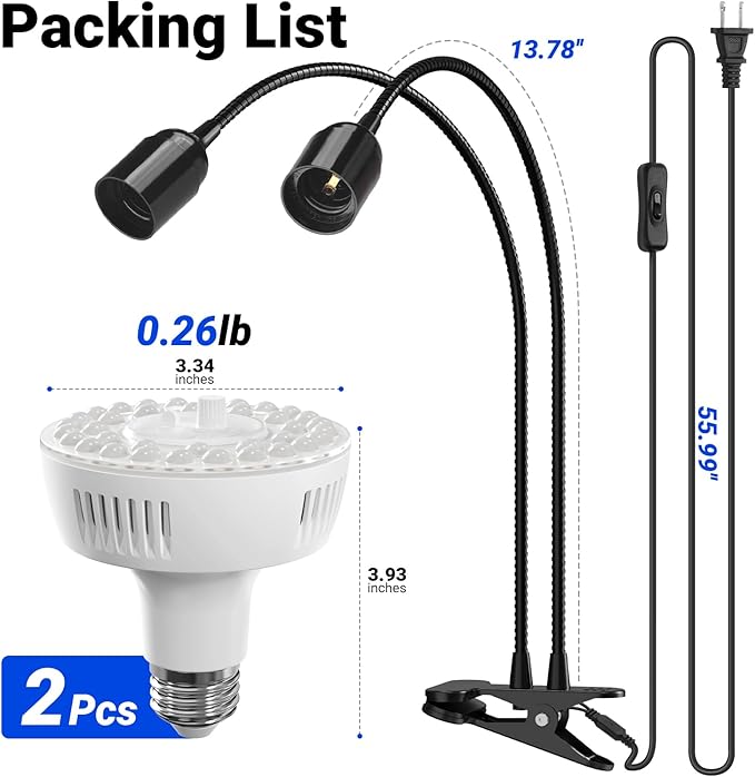 Barrina Orbgrow OG11A2 Clip On Grow Lights for Indoor Plants, Integrated Stepless Dimming & Timing, 4000K 22W(2 x 11W, 200 Watt Equiv), Full Spectrum 2-Gooseneck with E26 Plant Light Bulbs