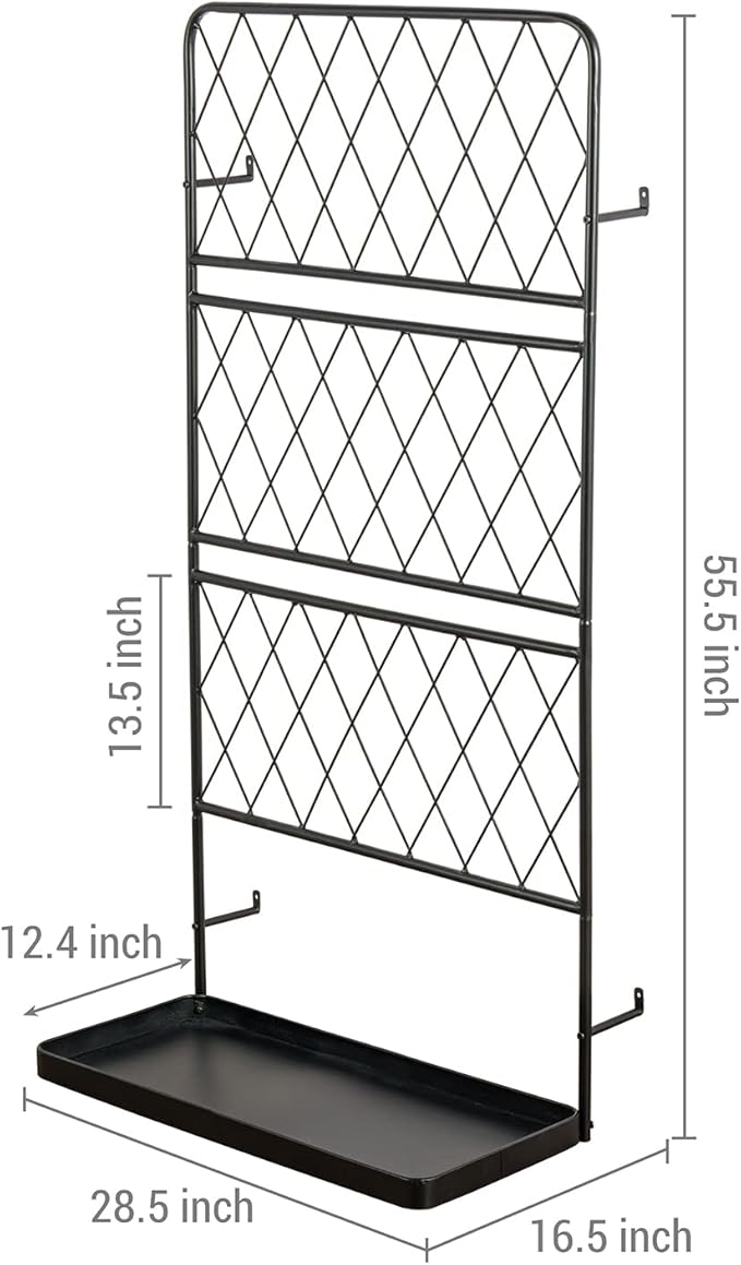 MyGift 4.5 ft Tall Garden Trellis Stand for Climbing Plants, Wall Mounted or Freestanding Black Metal Wire Diamond Lattice Plant Support Frame with Bottom Tray Planter Holder