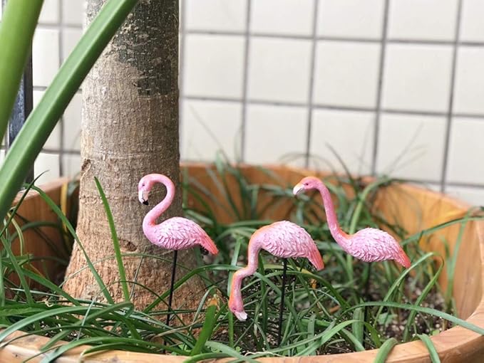 MUAMAX Miniature Flamingo Picks 2 Pack Fairy Garden Accessories Pink Miniature Garden Flamingo Figurines Decorative Plant Stakes for Pots Ornaments