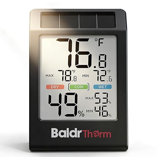 BALDR Indoor Thermometer Hygrometer, Solar Power with Battery Backup, Large Display, Daily Max/Min & Comfort Indicator Humidity Meter（Black）