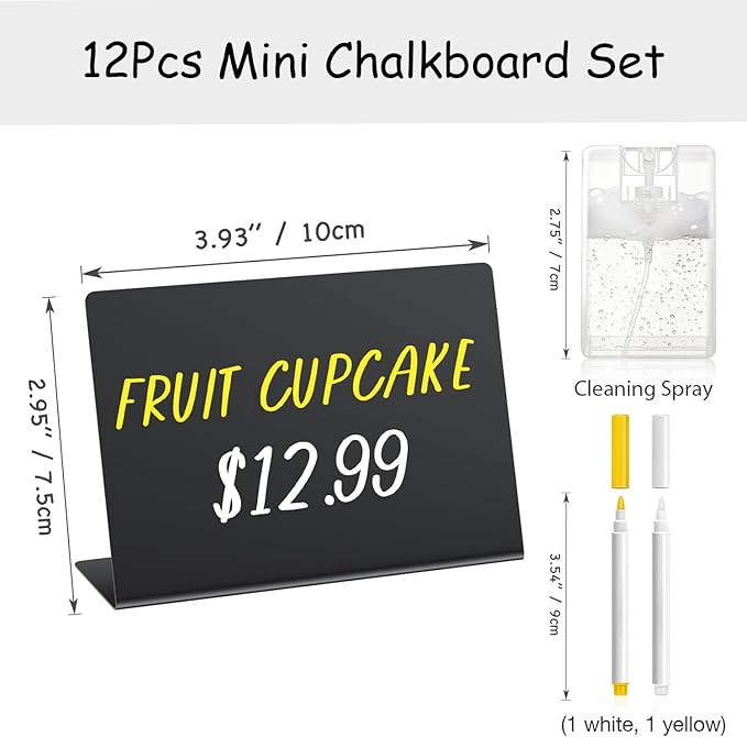 PigPotParty 12 Pcs Food Labels for Party Buffet, 4"x3" Mini Chalkboard Signs for Food Display, Table Place Cards - Name Tags- Small Chalk Board Signs, w/Cleaning Spray & 2 Markers
