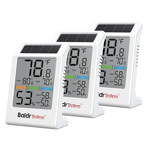 BaldrTherm Room Thermometer Indoor Humidity Meter Solar Powered with Max/Min Memory & Comfort Indicator - 3.2" Large Display for Home, White, 3Pack