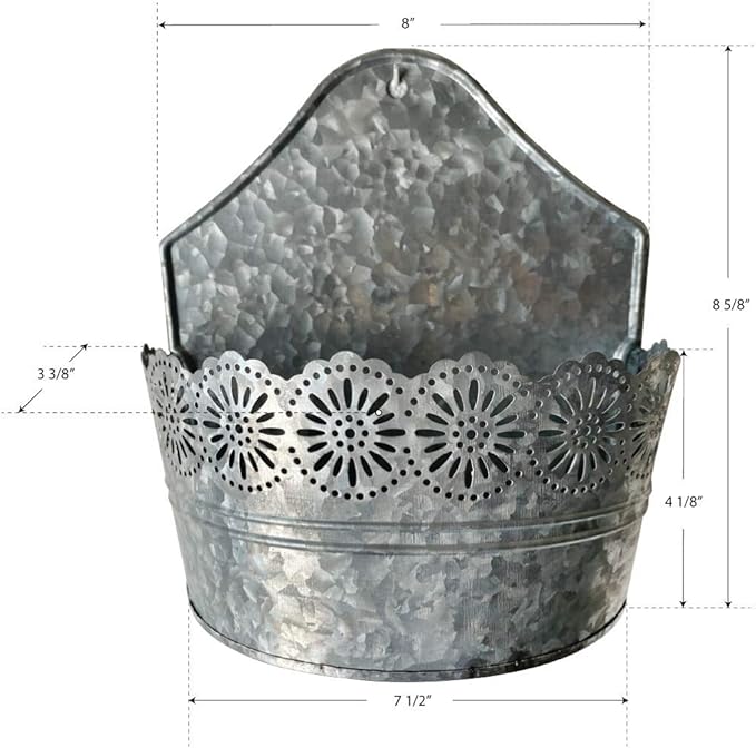Lily's Home Indoor Outdoor Wall Mounted Planter with Floral Accents for Succulents, Cacti, Herbs, Faux Plants, Galvanized Metal. Plants Not Included