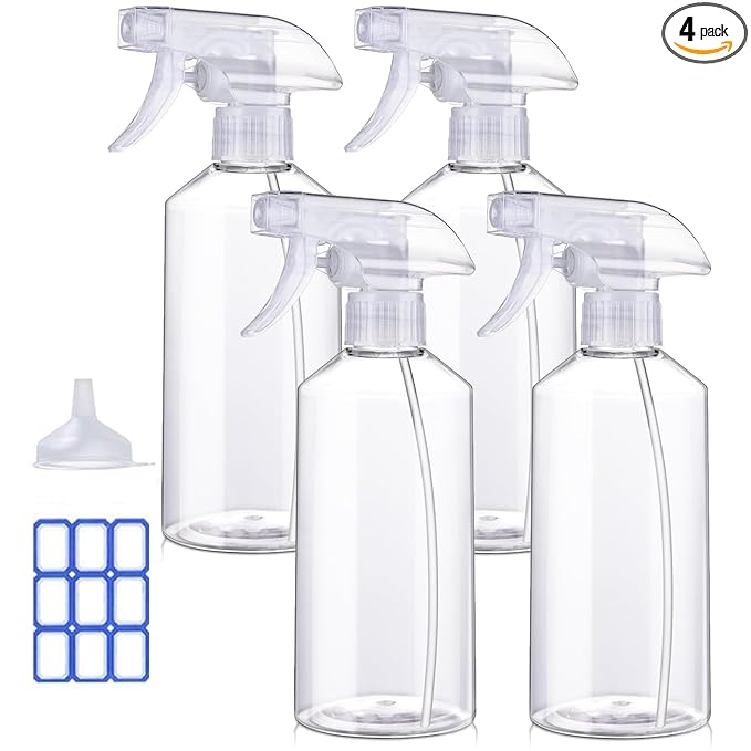 JohnBee Plastic Spray Bottle (4 Pack, 16 Oz) Heavy Duty Spraying Bottles Leak Proof Mist Empty Water Bottle for Cleaning Solution Planting Pet with Adjustable Nozzle Weighing Scientific