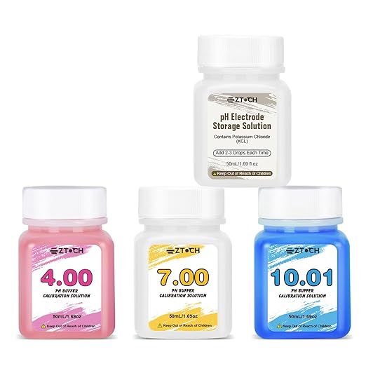 pH Calibration Solution Kit, pH 4 7 10 with KCL Electrode Storage Solution*1, Each 50ml (1.69fl oz) pH Buffer 4,00 7,00 and 10,01 Solution for Water, Pool, Soil, Food pH Meter, pH Probe