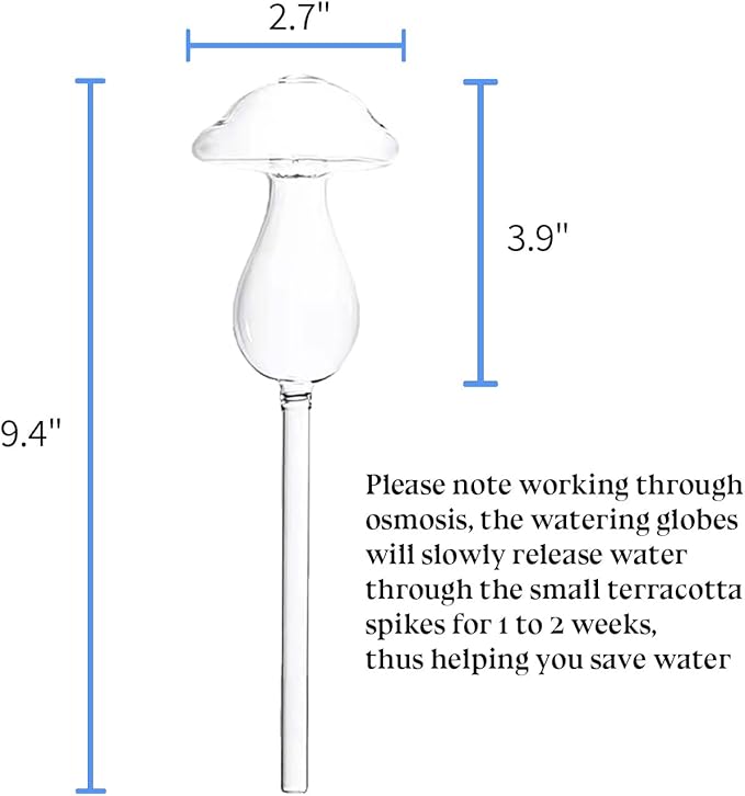 HyJeryty 3 Pack Non-Clogging Iridescent Mushroom Plant Watering Globes with Terracotta Spikes, Hand Blown Glass Self Watering Planter Insert Plant Watering Devices Bulbs for Indoor and Outdoor Plants