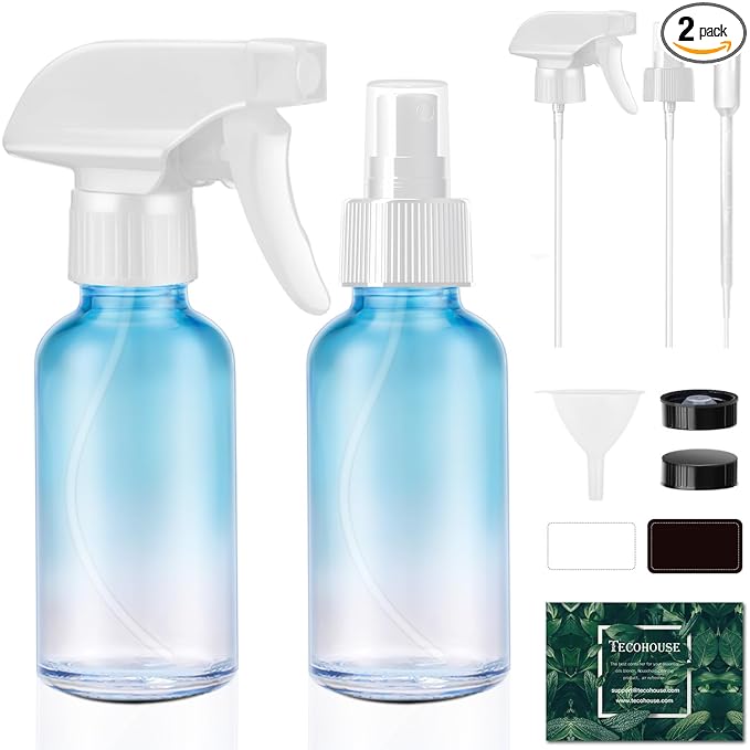 Tecohouse Glass Spray Bottles 4 oz, 2 Pack Spray Bottles for Hair Empty Refillable Fine Mist Sprayer with Labels, Funnel, Pipettes Blue