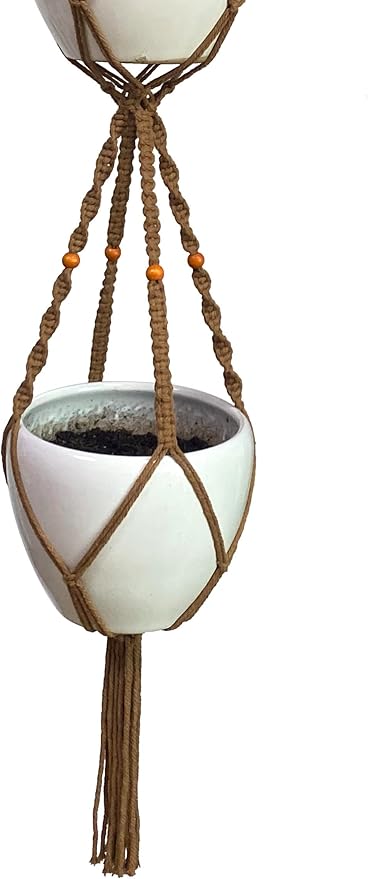 Macrame Plant Hanger & Holder, Hanging Planter 4 Legs Double Deck for 8 inch to 10 inch Two Pots Indoor Outdoor Hanging Planter Hemp Rope 67 Inch with Metal Ring (Brown)