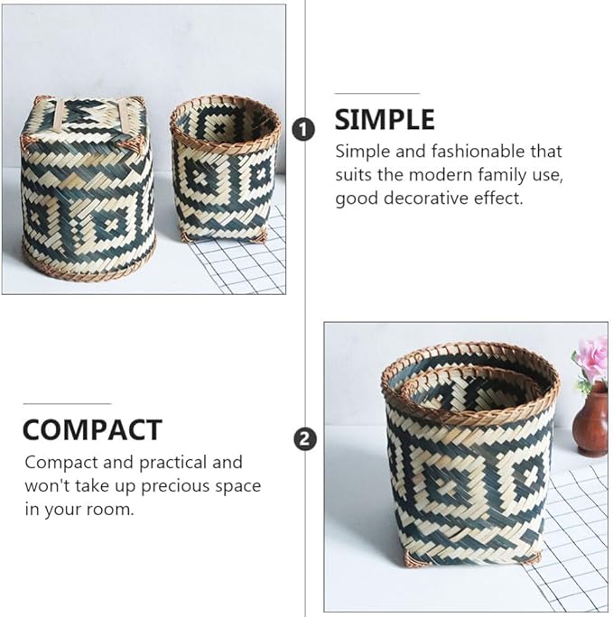 Zerodeko Rattan Trash Can Willow Wastebasket Round Wicker Storage Baskets Woven Picnic Laundry Hamper Seagrass Planter Woven Flower Pot Garbage Bin Rustic Decor 21cm
