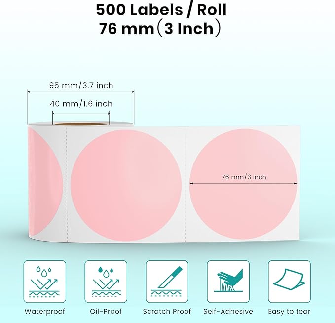 Pink Circle Thermal Labels Vinyl 3 Inch Self-Adhesive Round Stickers Roll Waterproof Printer Decals Name Tag for QR Code DIY Office Address 500 PCS