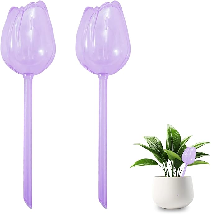 Creative Flower-Shaped Self Watering Globes for Indoor Outdoor Plants – 2"x2"x5" PVC Automatic Drip Irrigation Bulbs for Vacation – Cute Lazy Watering System for Garden & Home Decor (Purple)