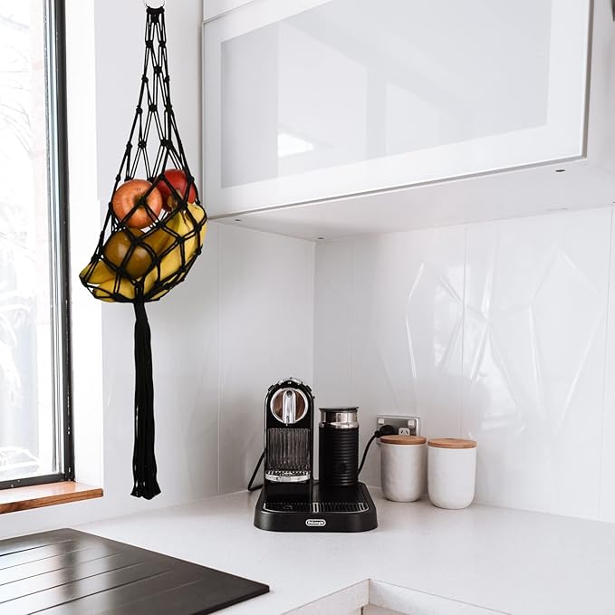 Beautyflier 2 Pieces Macrame Hanging Fruit Basket, Wall Hanging Potato Onion and Fruit Boho Fruit Holder Net for Kitchen Decor (Black)