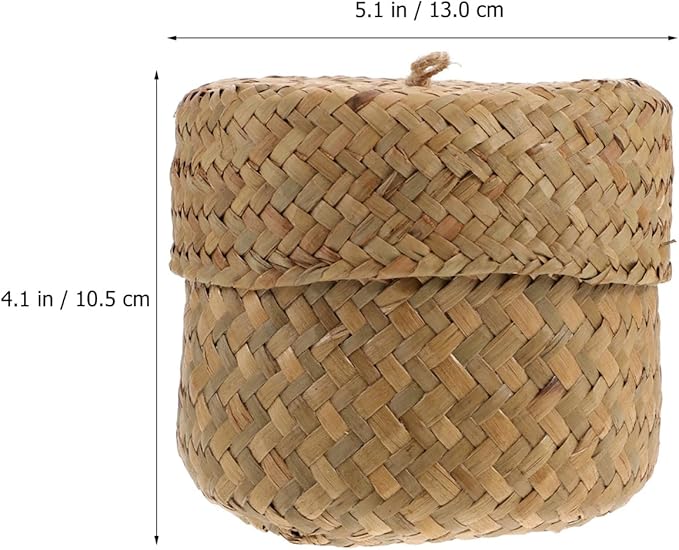 PRETYZOOM Handmade Woven Flower Basket with Lid Mini Straw Storage Basket for Home Decorations Gift Packaging Sundries Container 5.11X5.11X4.13 Inch