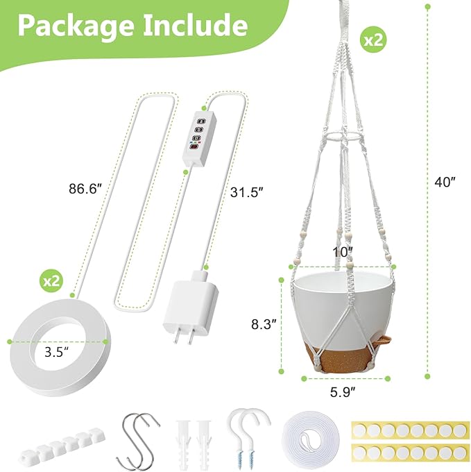 Hanging Planters for Indoor Plants: 2 Pack Macrame Plant Hangers with Grow Lights and Self-Watering Pots, Large Hanging Pots with Drainage Holes & Removable Tray（10in White Pot, GrowPro Spectrum）