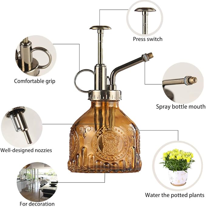 Plant Mister Glass Spray Bottle Small Plant Watering Can 6.4" Tall Retro Indoor Watering Can Bronze Plastic Top Pump for Garden Indoor Plant Sprayer (Brown)