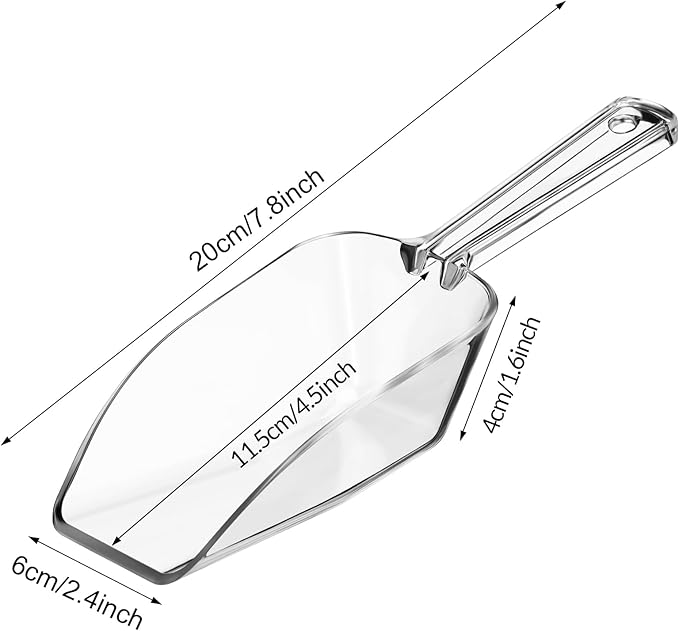 Hestya 4 Pcs Multi Purpose Clear Plastic Scoops for Candy Buffet Acrylic Kitchen Ice Food Popcorn Scoops for Protein Powders, Ice Cream, Coffee, Tea Jar (7.8 Inch)