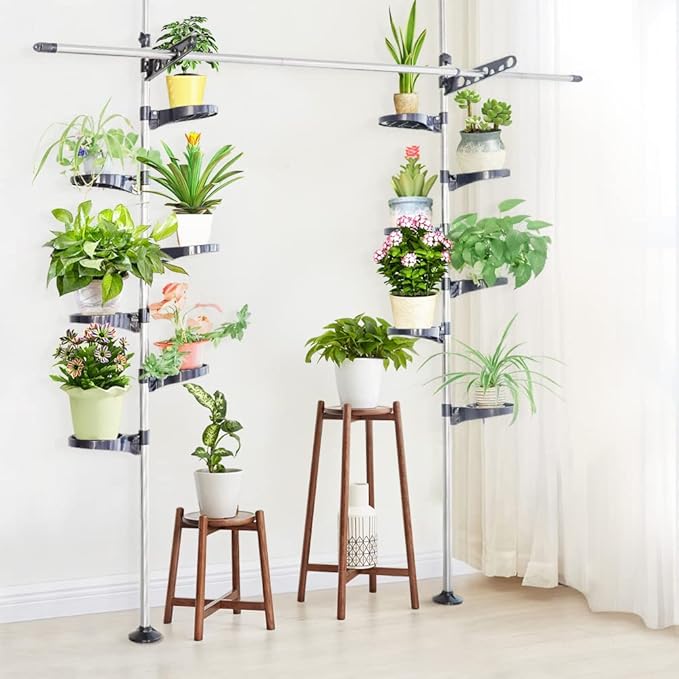 BAOYOUNI Indoor Tension Plant Pole Stands Double Rods Flower Pots Storage Shelf Floor to Ceiling Display Rack Hanger with 12 Trays, 2 Hooks & 1 Telescopic Rod for Clothes Drying, Navy Blue