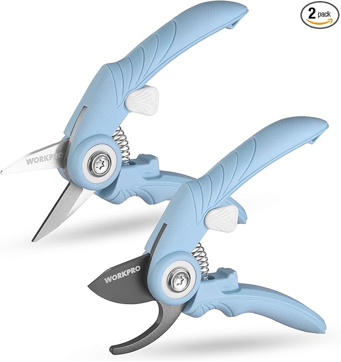 WORKPRO 2-Pack 6.9" Garden Pruning Shears, Bypass & Straight Gardening Scissors with SK5 Steel Blade, Handheld Garden Floral Clippers for Rose, Plants, Flowers, Gardening Gifts for Women & Men, Blue