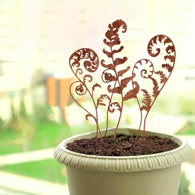 Metal Fowers for Outside,Set of 6 Fern Plants Garden Stakes Decorative Statues,Yard Art Outdoor Plant Decorations for Indoor Potted Plant Pots (Brown)