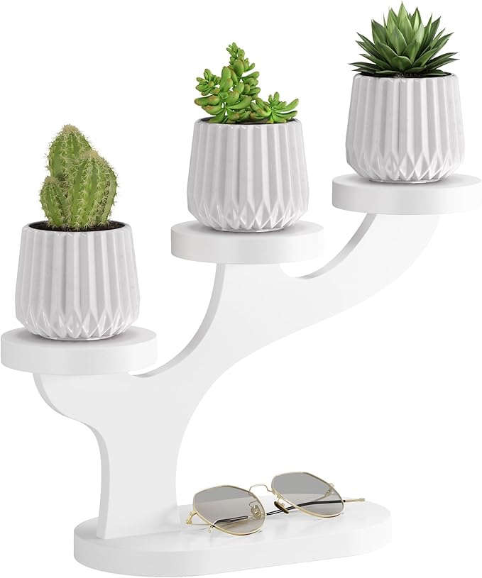 Bamboo Tabletop Plant Stand Indoor, 3 Tier Wood Desktop Small Plant Shelf Window Sill Flower Holder Mini Tiered Plant Display Rack for Patio Balcony Living Room Decor (white)
