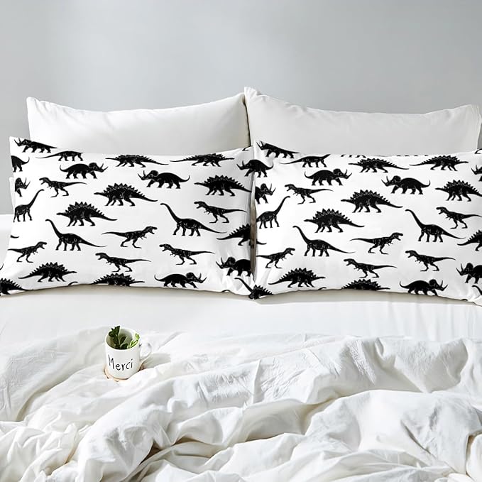 Feelyou Boys Queen Size Kids Dinosaur Sheets - Soft and Cozy Jungle Animal Pattern Bedding for Children Girls Toddler Bedroom - White Black Wild Dino Bed Set