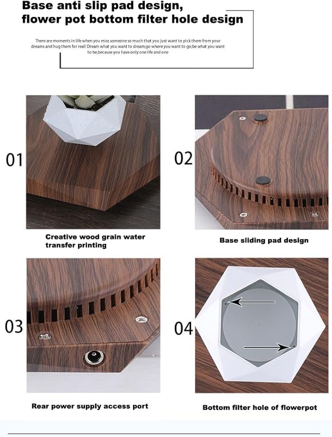 Levitating Plant Pot, Magnetic Levitation Flower Pot Rotating Planters Suspension Floating Plant Succulents Potted for Home Living Room Office Desk Decoration (Deep Wood Grain)