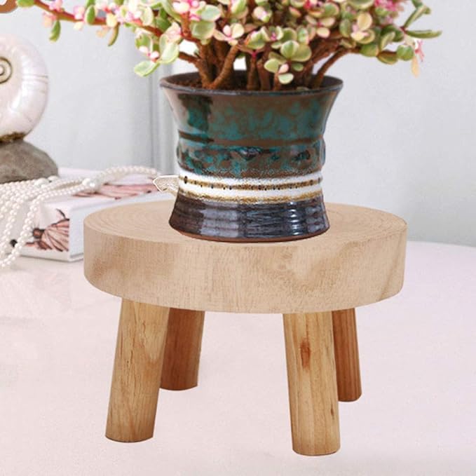 UNIE Mini Wooden Stool Round Garden Flower Display Stand Decorative Short Stool for Indoor Outdoor Office Dining Room, Natural Wood, Small, (200716LY03-4-6767-1046498581)