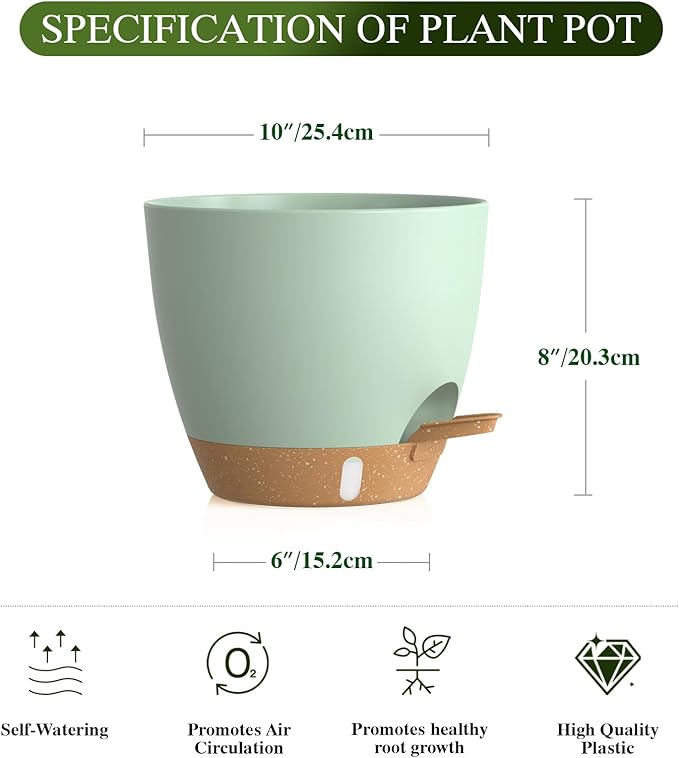 Self Watering Pots with Drainage Holes, 2 Pack 10 Inch Plant Pots with Water Level Indicator Deep Reservoir, Large Plastic Planter for Indoor Outdoor Plants - Green