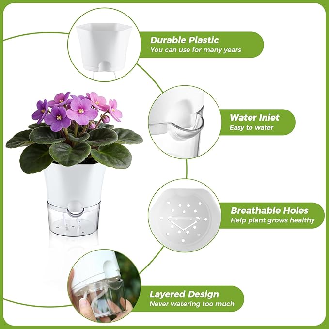 8-Pack 6" Clear Self Watering Pots for Indoor Plants Large Hexagon Self-Watering Planters Orchid Pots Plastic Wick Flower Plant Pots for African Violet, Spider, Herbs, Home Decor, White and Clear