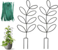 2 Pack 14.6 Inch Plant Trellis Indoor for Climbing Plants with 50 Plant Ties, Small Metal Garden Trellis for Potted Plants, Leaf Shaped Support for Ivy Hoya Pothos Monstera Houseplants