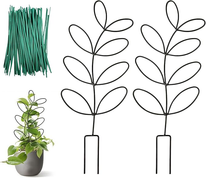 2 Pack 14.6 Inch Plant Trellis Indoor for Climbing Plants with 50 Plant Ties, Small Metal Garden Trellis for Potted Plants, Leaf Shaped Support for Ivy Hoya Pothos Monstera Houseplants