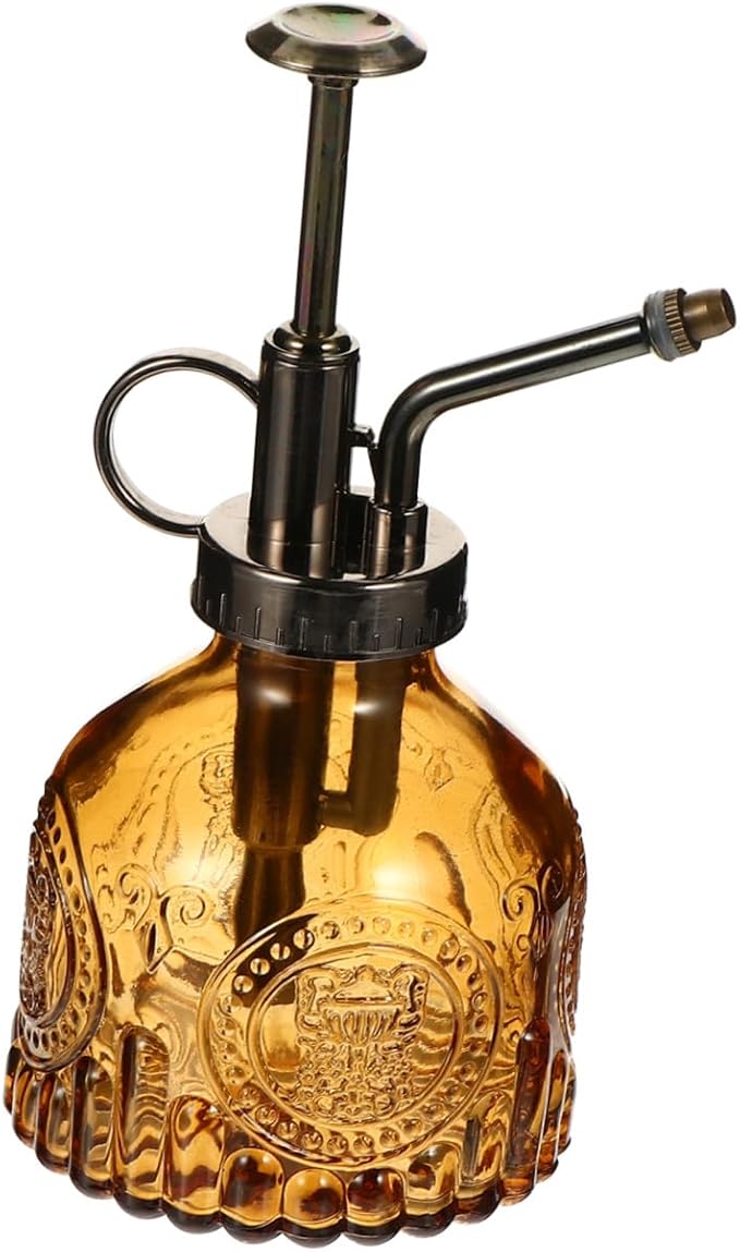 GALPADA Retro Embossed Glass Water Spray Can Manual Pump Misting Bottle for Houseplants Garden and Florals Lightweight Refillable and Portable Spray for Enhanced Plant Humidity Light Brown
