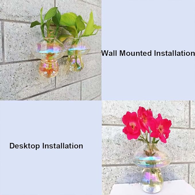 Wall Hanging Mushroom Vase, Small Plant Propagation Station Mushroom Glass Planter Terrarium Indoor Hydroponic Flower Holder for Elegant Home Decor Thanksgiving Gifts, Colorful, 2 PCS