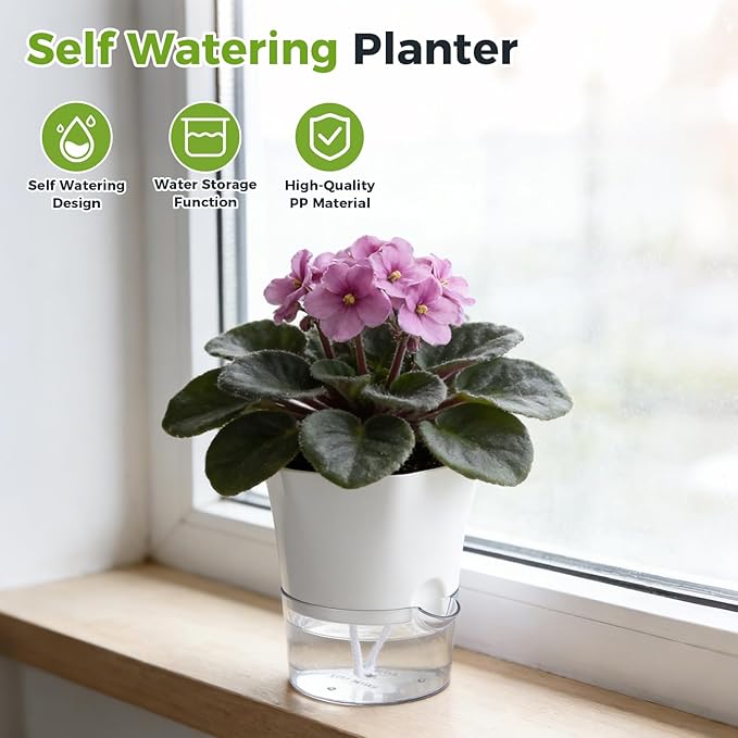 6-Pack 7.8" Clear Self Watering Pots for Indoor Plants Large Hexagon Self-Watering Planters Orchid Pots Plastic Wick Flower Plant Pots for African Violet, Spider, Herbs, Home Decor, White and Clear