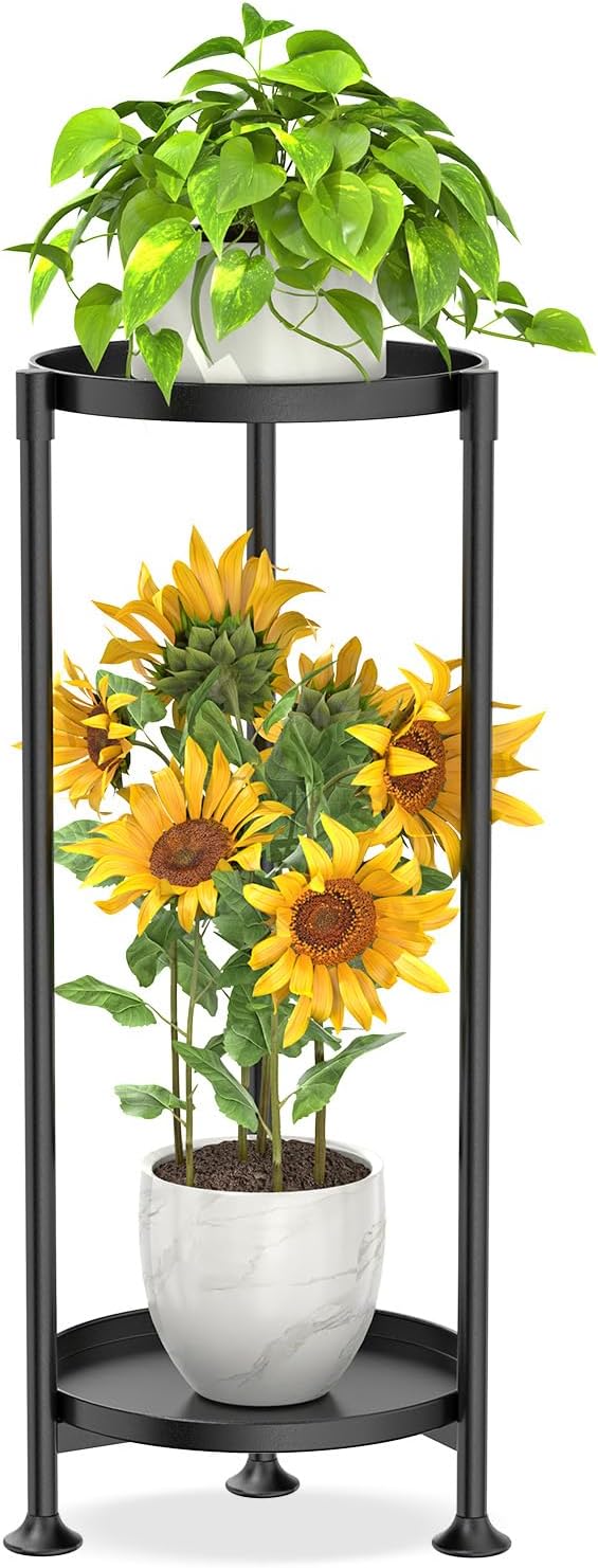 KMOTASUO 2 Tier Plant Stand Indoor for Large Tall Heavy Duty Planter, Multiple Sturdy Metal Flower Corner Rack for Narrow House Floor, Iron Vertical Level Round Orchi Holder Organizer, Black