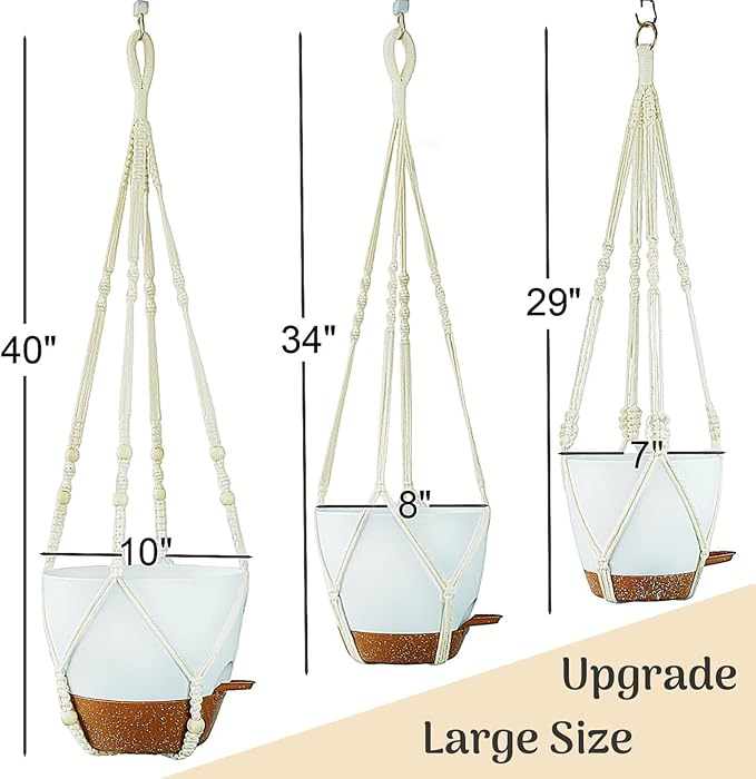 Bouqlife 3 Pack 10/8/7 Inch Hanging Planters for Indoor Plants with Self-Watering Hanging Pots with Drainage, 3 Different Size Macrame Plant Hangers with Hooks White Large