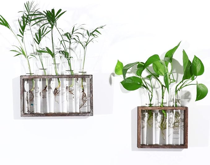 Kingbuy Wall Propagation Station with 5 Test Tube Vases - Vintage Wood Stand Wall Hanging Planter for Plants, Tabletop Terrarium Windowsill Decor Kitchen Herb Garden Accessory, Brown