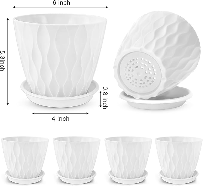 YNNICO 6 inch Plant Pots, 6 Pack Flower Pots Outdoor Indoor, Planters with Drainage Hole and Tray Saucer-White