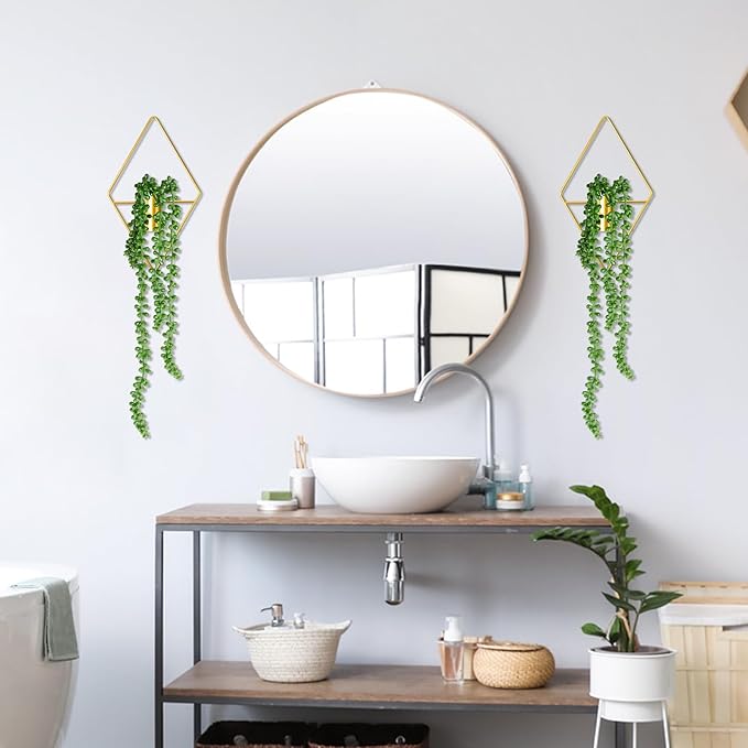 Jexine 2 Pcs Boho Wall Decor Gold Hanging Planters with Artificial Plants Wall Art Mounted Metal Home Decor Display Bedroom Bathroom Living Room (Succulent Plants)