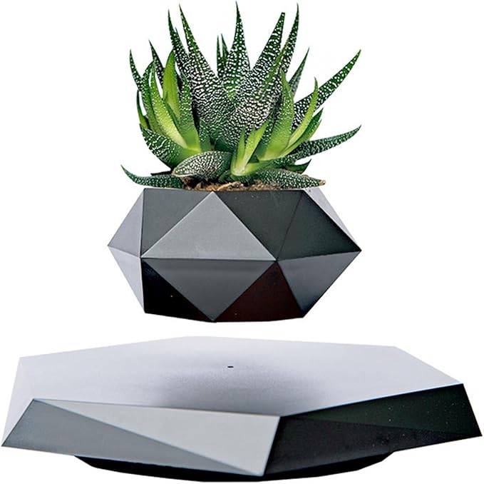 Levitating Plant Pot, Magnetic Levitation Flower Pot,Hexagon Suspension Floating Plant Pot,Automatic 360° Rotation,Magnetic Levitation Suspension Floating Pot(Black)