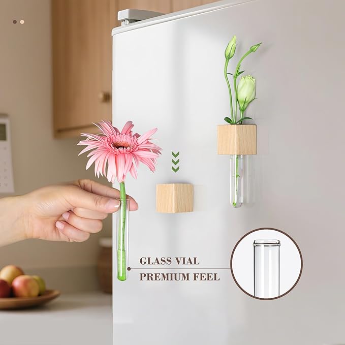 Magnetic Test Tube Flower Vases for Refrigerator, Set of 2 Wooden Fridge Magnet Planters with Glass Tubes – Light & Dark Wood Color, Propagation Station for Hydroponic Display (No Plant Included)