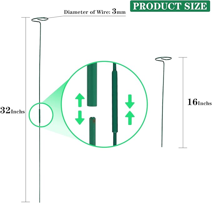 PFNRTH 12 Pack Plant Stakes,Plant Support Stakes for Two Sizes(16 or 32 Inches),Plant Stakes for Outdoor Plants,Garden Flower,Tomato(Green)