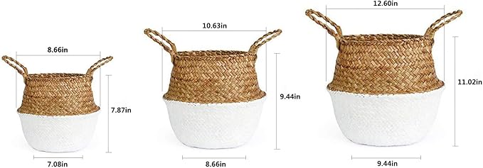 Woven Seagrass Belly Basket for Storage, Laundry, Picnic, Plant Pot Cover, and Grocery and Toy Storage (Medium, White)