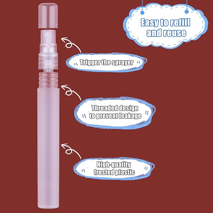 KINBOM 5 x 10ml Perfume Atomizers, Matte Plastic Refillable Spray Bottles for Travel Mist Fine Empty Spray Bottles for Hair Face Plants, 10 ml., 10ml