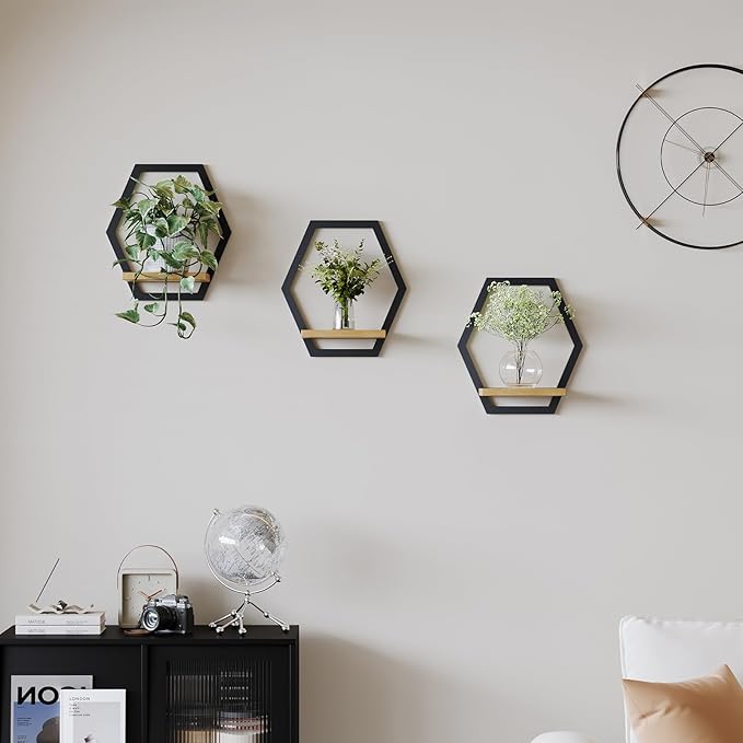 3 Pack Natural Wood & 25 LB Load Metal Wall Plant Holders, 9 inch Solid Wooden Shelf, Mid Century Hanging Planter for Indoor Plants Black