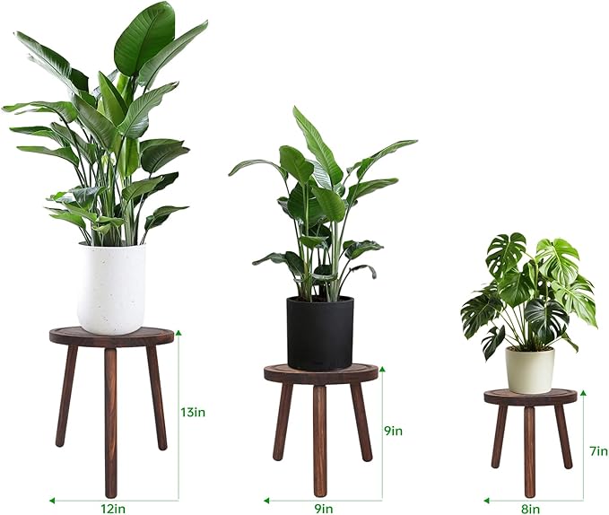 Amdermi 3-Pack Wood Plant Stands Indoor, Single Plant Stand for 6-12 Inch Pots, Mid-Century Modern Plant Stool, Tall Plant Stand for Large Plants for Living Room, Balcony, Office