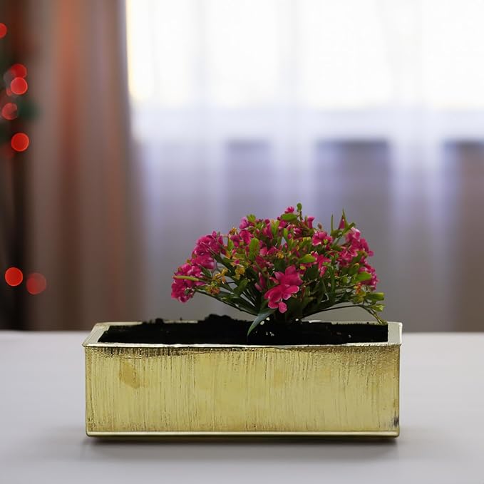 WGVI Long Rectangle Ceramic Planter Vase in Gold Etched 14" x 4" x 4"H, Rectangular Box Block Terrarium Pot, Flower Arrangement, Tabletop Centerpiece, Home Décor, Storage Container, 1 Pc.