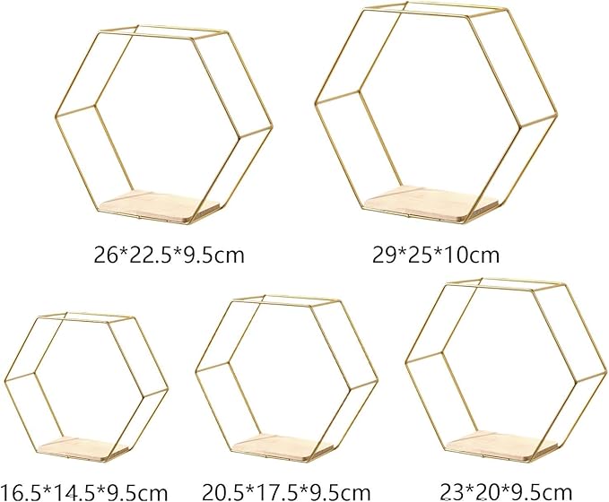5 Pieces Hexagon Iron Wall Shelves Storage Rack Living Room Geometric Kitchen Bedroom Organizer for Mini Planter Displaying, Golden